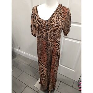 725 West Animal Print Patchwork Maxi Dress Brown Leopard Zebra Rayon XL Pocket